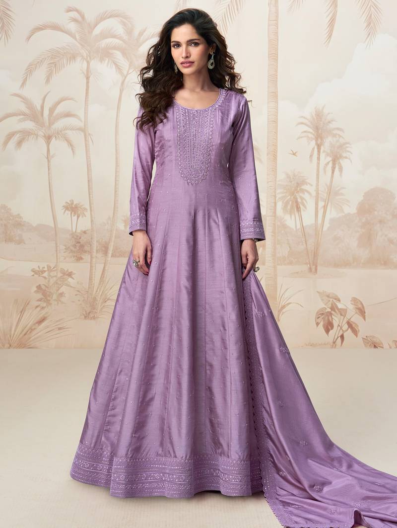 Lilac embroidery & sequins  work silk gown- free size stitching (size upto 42")