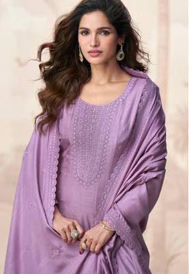 Lilac embroidery & sequins  work silk gown- free size stitching (size upto 42") 2