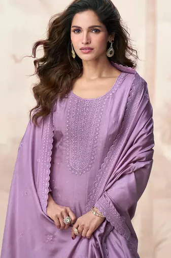 Lilac embroidery & sequins  work silk gown- free size stitching (size upto 42")