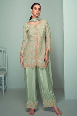 Pista green embroidery , plastic mirror & sequins work chinnon straight pant - free size stitching (size upto 42") 1