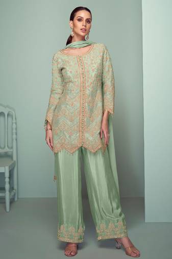 Pista green embroidery , plastic mirror & sequins work chinnon straight pant - free size stitching (size upto 42")