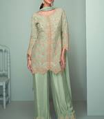 Pista green embroidery , plastic mirror & sequins work chinnon straight pant - free size stitching (size upto 42")
