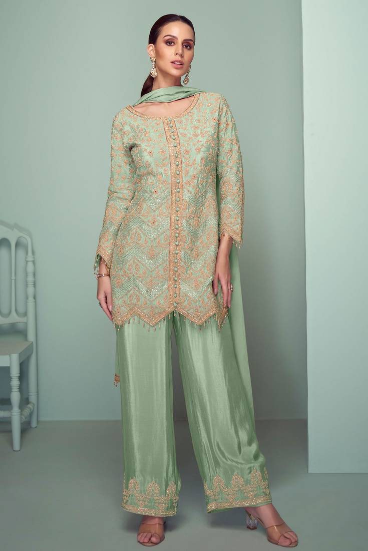 Pista green embroidery , plastic mirror & sequins work chinnon straight pant - free size stitching (size upto 42")