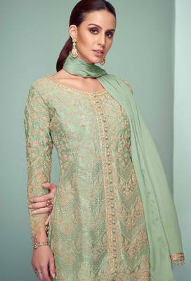 Pista green embroidery , plastic mirror & sequins work chinnon straight pant - free size stitching (size upto 42") 2