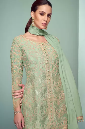 Pista green embroidery , plastic mirror & sequins work chinnon straight pant - free size stitching (size upto 42")