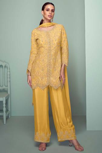 Light yellow embroidery , plastic mirror & sequins work chinnon straight pant - free size stitching (size upto 42")