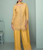 Light yellow embroidery , plastic mirror & sequins work chinnon straight pant - free size stitching (size upto 42")