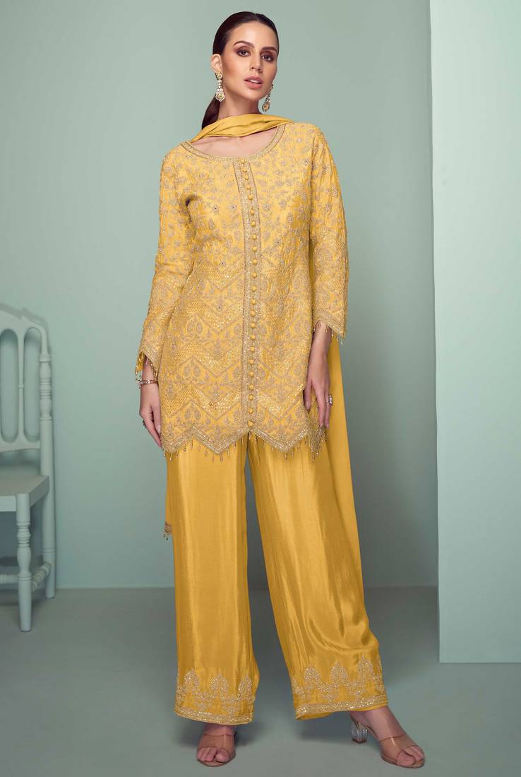 Light yellow embroidery , plastic mirror & sequins work chinnon straight pant - free size stitching (size upto 42")