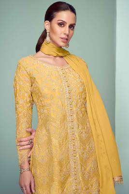 Light yellow embroidery , plastic mirror & sequins work chinnon straight pant - free size stitching (size upto 42") 2