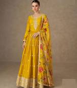 Mustard zari embroidery , sequins & dupatta printed work chinnon silk anarkali gown- free size stitching (size upto 42")