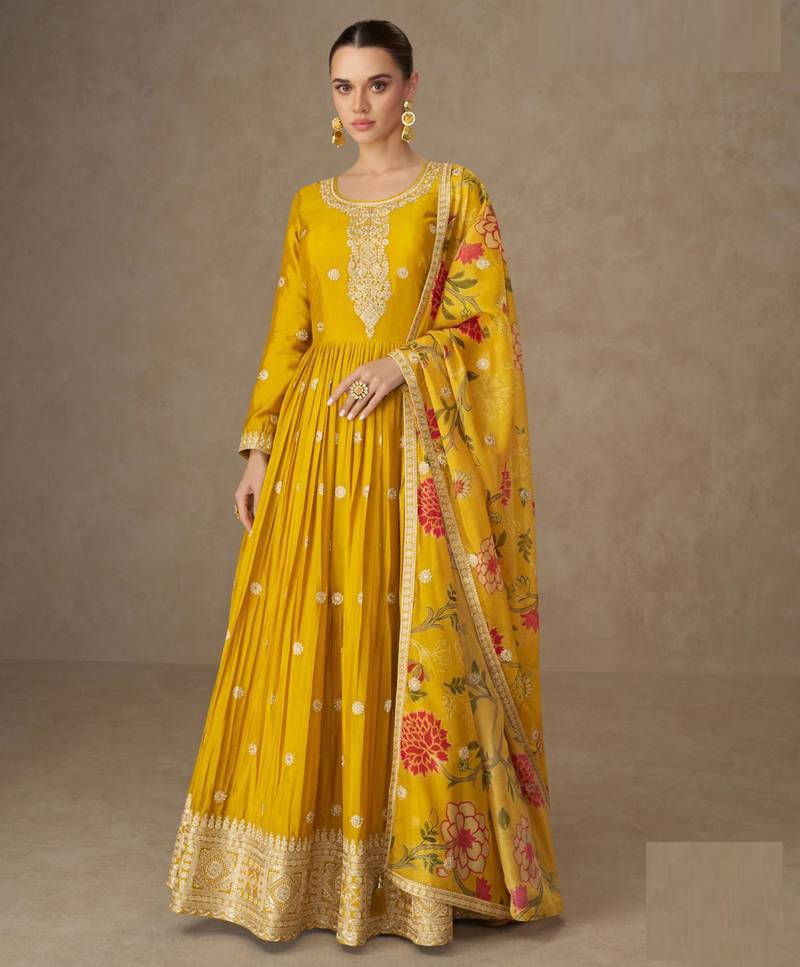 Mustard zari embroidery , sequins & dupatta printed work chinnon silk anarkali gown- free size stitching (size upto 42")