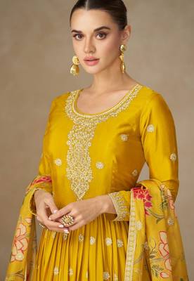 Mustard zari embroidery , sequins & dupatta printed work chinnon silk anarkali gown- free size stitching (size upto 42") 2