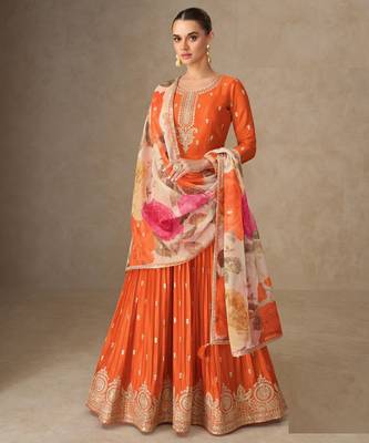 Orange zari embroidery , sequins & dupatta printed work chinnon silk anarkali gown- free size stitching (size upto 42") 1