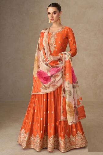 Orange zari embroidery , sequins & dupatta printed work chinnon silk anarkali gown- free size stitching (size upto 42")