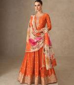 Orange zari embroidery , sequins & dupatta printed work chinnon silk anarkali gown- free size stitching (size upto 42")
