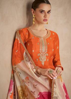 Orange zari embroidery , sequins & dupatta printed work chinnon silk anarkali gown- free size stitching (size upto 42") 2