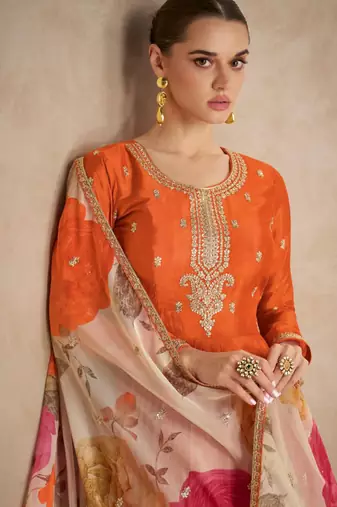 Orange zari embroidery , sequins & dupatta printed work chinnon silk anarkali gown- free size stitching (size upto 42")