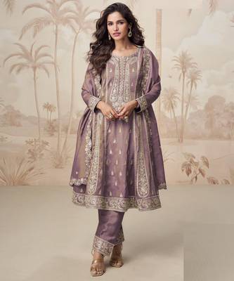 Simar mauve zari embroidery , sequins work simar silk  anarkali pant- free size stitching (size upto 42") 1
