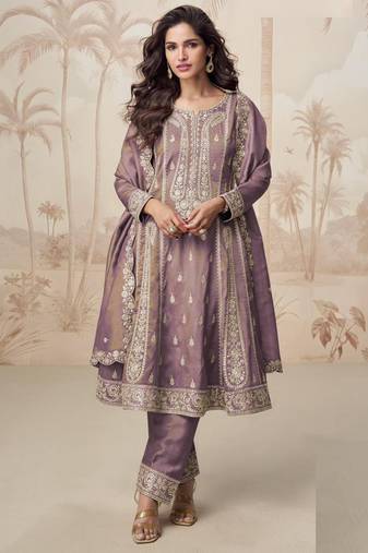 Simar mauve zari embroidery , sequins work simar silk  anarkali pant- free size stitching (size upto 42")