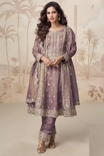Simar mauve zari embroidery , sequins work simar silk  anarkali pant- free size stitching (size upto 42")
