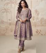 Simar mauve zari embroidery , sequins work simar silk  anarkali pant- free size stitching (size upto 42")