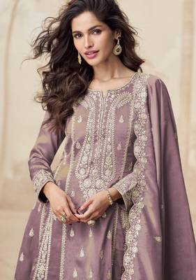 Simar mauve zari embroidery , sequins work simar silk  anarkali pant- free size stitching (size upto 42") 2