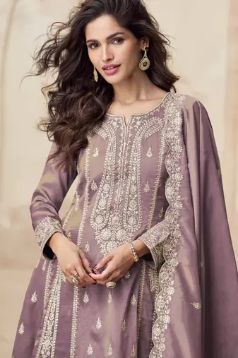 Simar mauve zari embroidery , sequins work simar silk  anarkali pant- free size stitching (size upto 42")