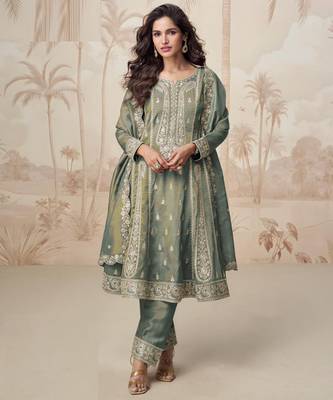 Simar green zari embroidery , sequins work simar silk  anarkali pant- free size stitching (size upto 42") 1
