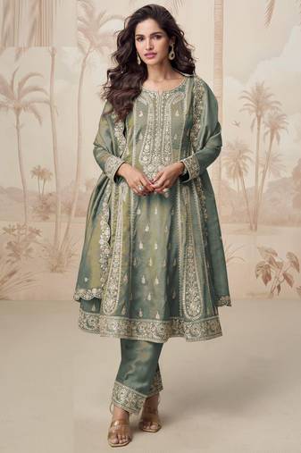 Simar green zari embroidery , sequins work simar silk  anarkali pant- free size stitching (size upto 42")