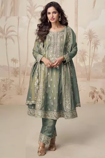 Simar green zari embroidery , sequins work simar silk  anarkali pant- free size stitching (size upto 42")