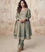 Simar green zari embroidery , sequins work simar silk  anarkali pant- free size stitching (size upto 42")