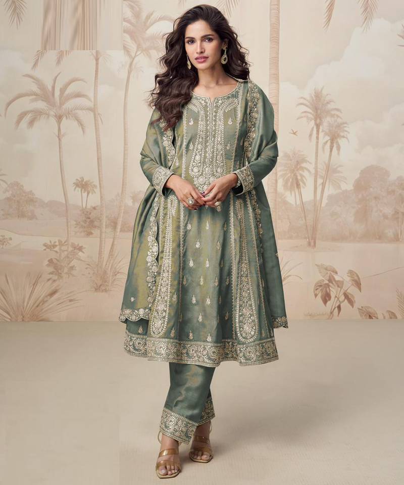 Simar green zari embroidery , sequins work simar silk  anarkali pant- free size stitching (size upto 42")