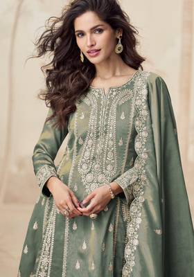 Simar green zari embroidery , sequins work simar silk  anarkali pant- free size stitching (size upto 42") 2