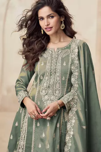 Simar green zari embroidery , sequins work simar silk  anarkali pant- free size stitching (size upto 42")