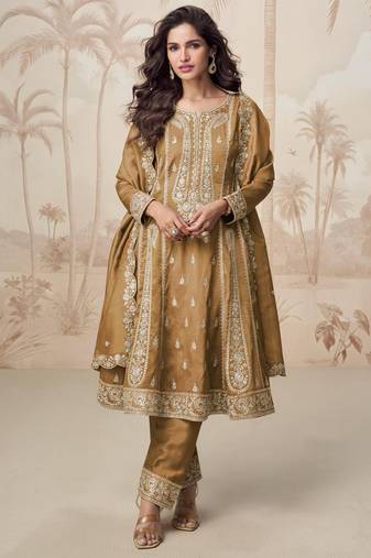 Brown zari embroidery , sequins work simar silk  anarkali pant- free size stitching (size upto 42")