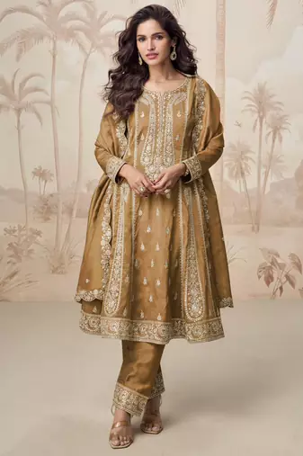 Brown zari embroidery , sequins work simar silk  anarkali pant- free size stitching (size upto 42")