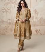 Brown zari embroidery , sequins work simar silk  anarkali pant- free size stitching (size upto 42")