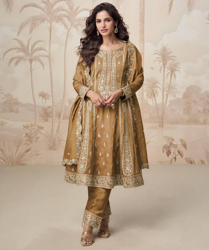 Brown zari embroidery , sequins work simar silk  anarkali pant- free size stitching (size upto 42")