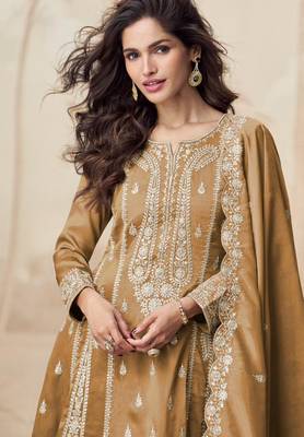 Brown zari embroidery , sequins work simar silk  anarkali pant- free size stitching (size upto 42") 2