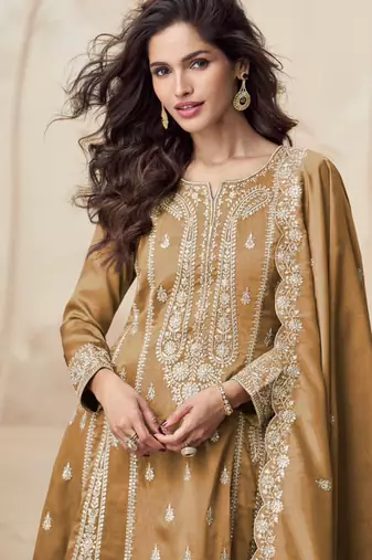 Brown zari embroidery , sequins work simar silk  anarkali pant- free size stitching (size upto 42")