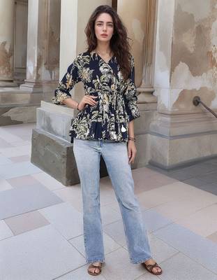 Navy blue tropical print angrakha style cotton kurta top 1