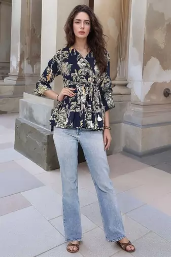 Navy blue tropical print angrakha style cotton kurta top