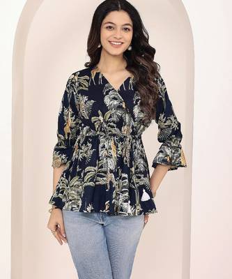 Navy blue tropical print angrakha style cotton kurta top 3
