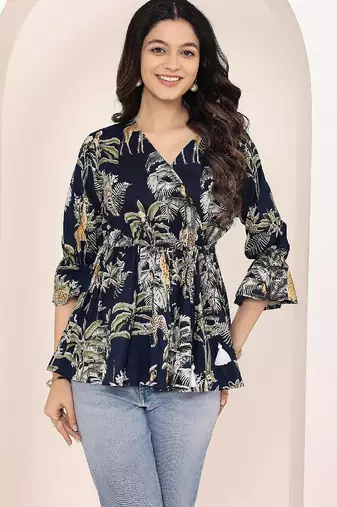 Navy blue tropical print angrakha style cotton kurta top