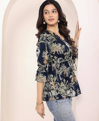 Navy blue tropical print angrakha style cotton kurta top 4