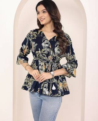 Navy blue tropical print angrakha style cotton kurta top 5