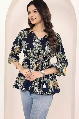 Navy blue tropical print angrakha style cotton kurta top