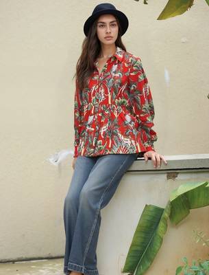 Navy blue tropical print angrakha style cotton kurta top 1