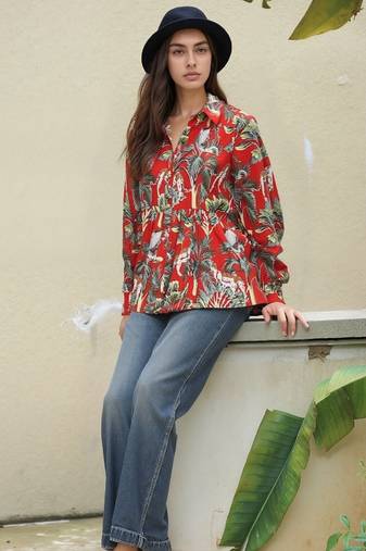 Navy blue tropical print angrakha style cotton kurta top