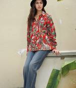 Navy blue tropical print angrakha style cotton kurta top